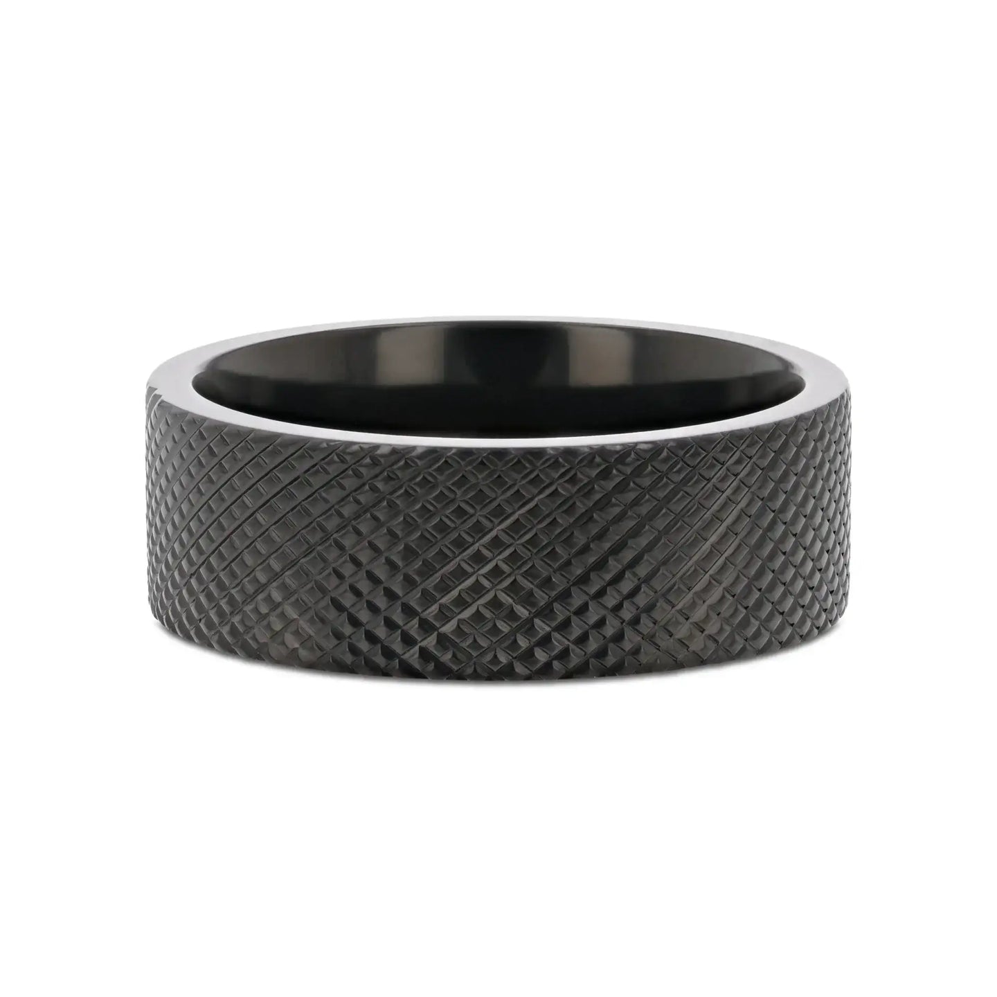 Side profile of the flat black titanium ring displaying the uniform 8mm width and textured exterior