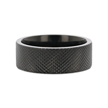 Side profile of the flat black titanium ring displaying the uniform 8mm width and textured exterior
