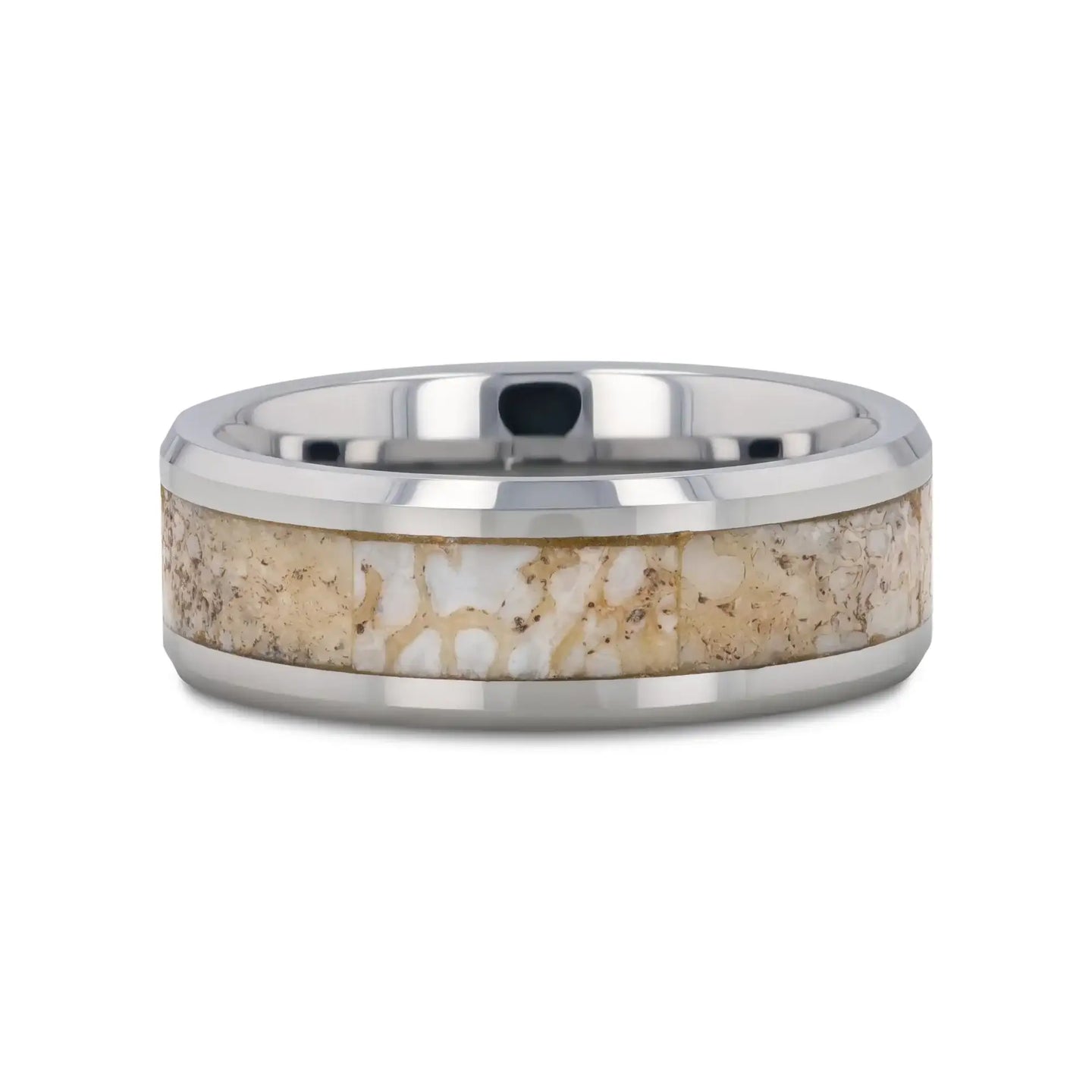 MESOZOIC Men’s Tungsten Flat Beveled Wedding Ring with White Dinosaur Bone Inlay - 4mm or 8mm - Larson Jewelers