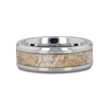 MESOZOIC Men’s Tungsten Flat Beveled Wedding Ring with White Dinosaur Bone Inlay - 4mm or 8mm - Larson Jewelers