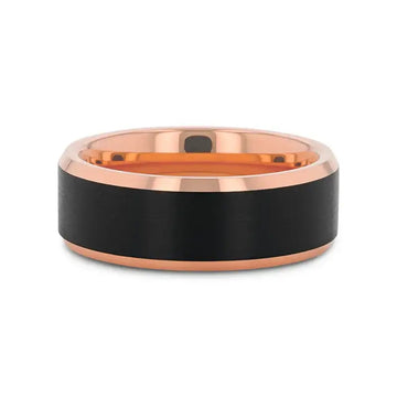Rose gold tungsten ring with brushed black center shown flat, highlighting beveled edges