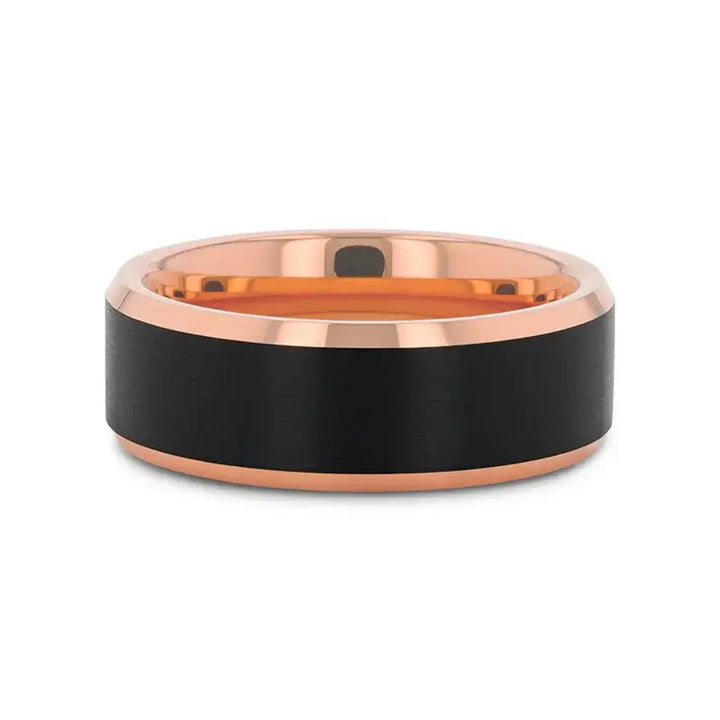Rose gold tungsten ring with brushed black center shown flat, highlighting beveled edges