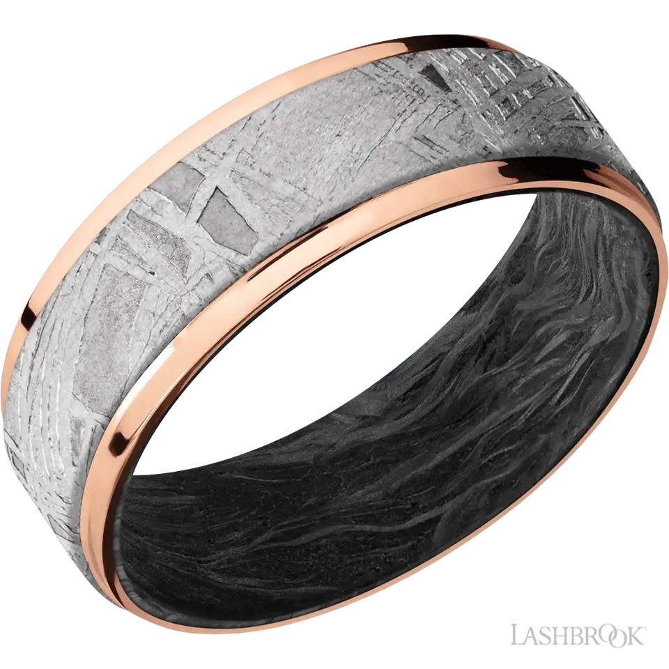 14K Rose Gold with Polish Finish and Meteorite Inlay and Forged Carbon Fiber - 7MM - Larson Jewelers