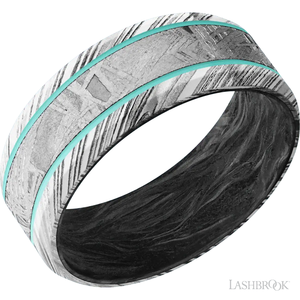 Woodgrain with Polish Finish and Meteorite Inlay and Forged Carbon Fiber - 8MM - Larson Jewelers