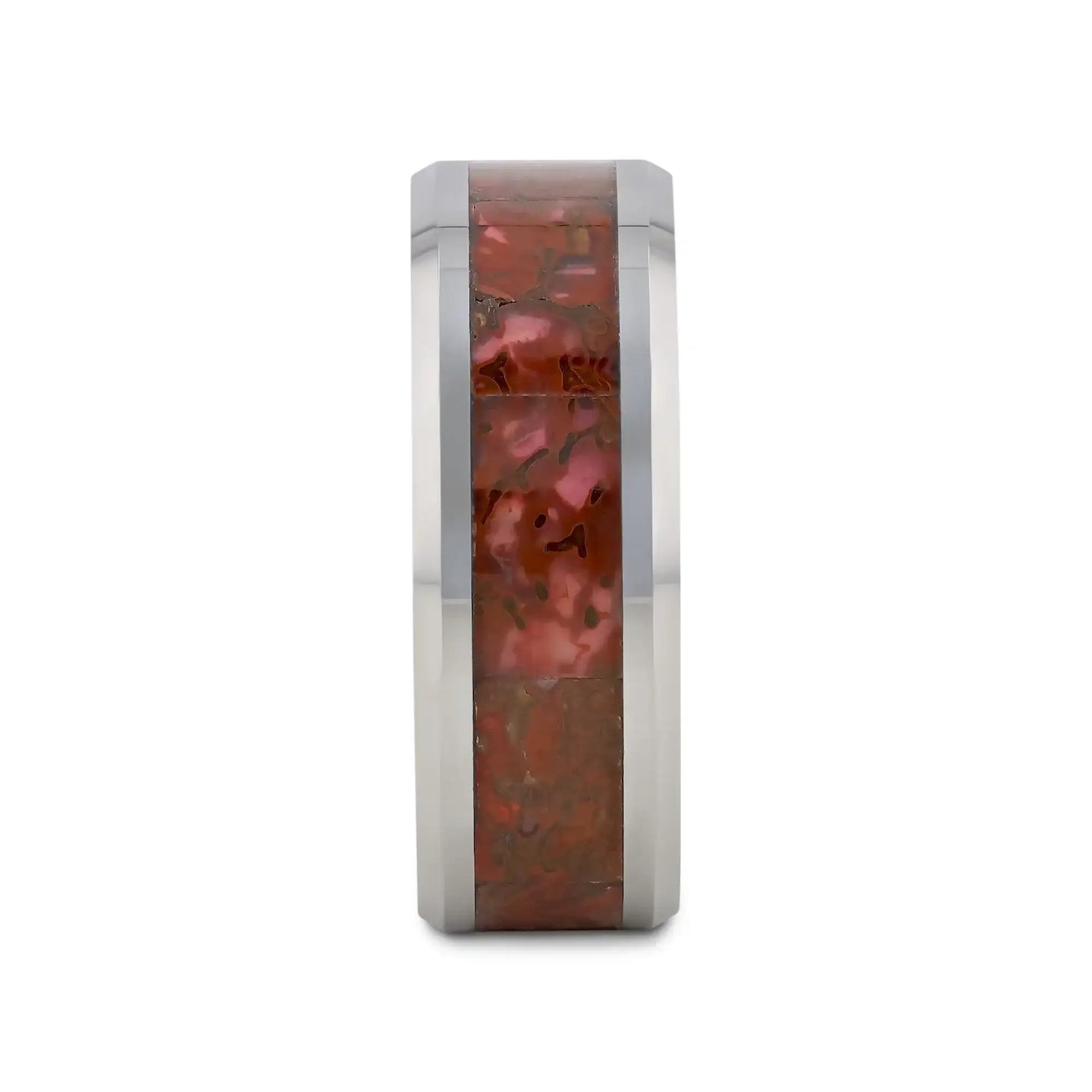 JURASSIC Red Dinosaur Bone Inlaid Tungsten Carbide Beveled Edged Ring - 4mm & 8mm - Larson Jewelers