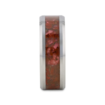 JURASSIC Red Dinosaur Bone Inlaid Tungsten Carbide Beveled Edged Ring - 4mm & 8mm - Larson Jewelers