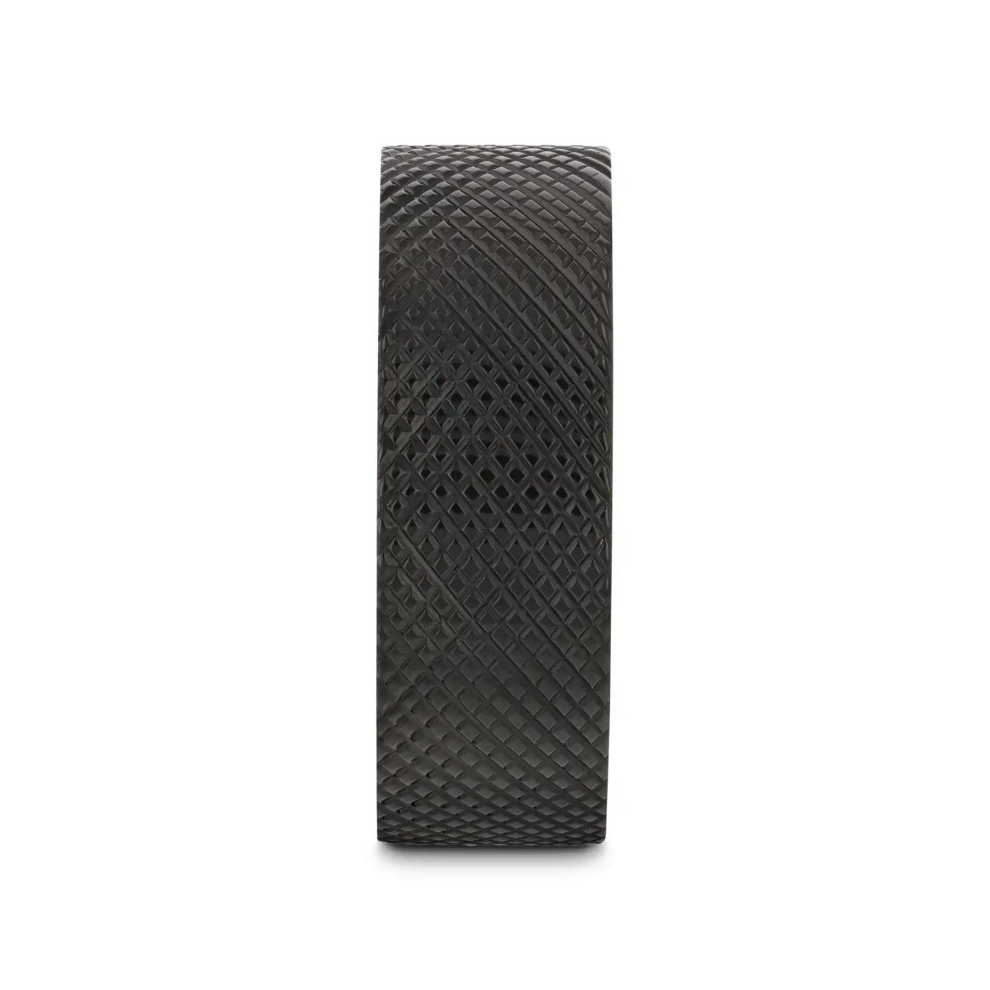 Front-on view of the ring highlighting the crosshatch knurled pattern around the band