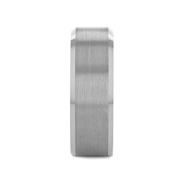 Front view showing the flat brushed center band and shiny beveled edges of the tungsten ring