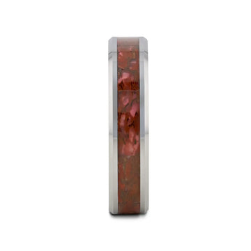 JURASSIC Red Dinosaur Bone Inlaid Tungsten Carbide Beveled Edged Ring - 4mm & 8mm - Larson Jewelers