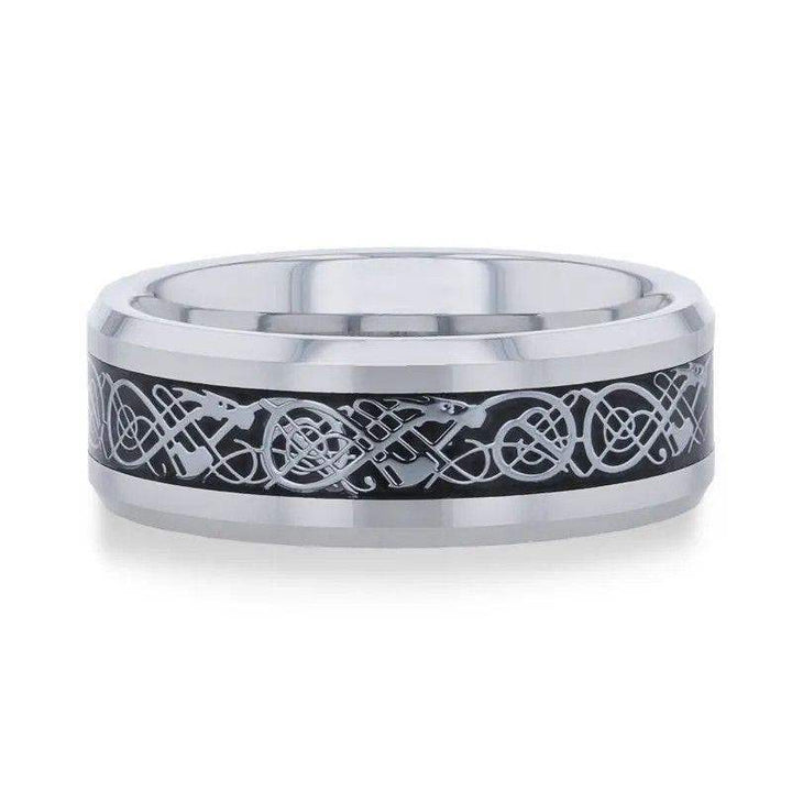 SEPTARIAN Tungsten Carbide ring with beveled edges and Metal Swirl Dragon Inlay Thorsten - 8mm - Larson Jewelers