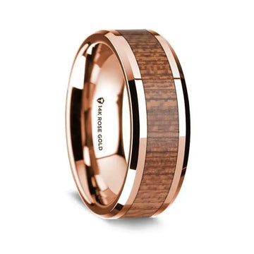14K Rose Gold Polished Beveled Edges Wedding Ring with Sapele Inlay - 8 mm - Larson Jewelers
