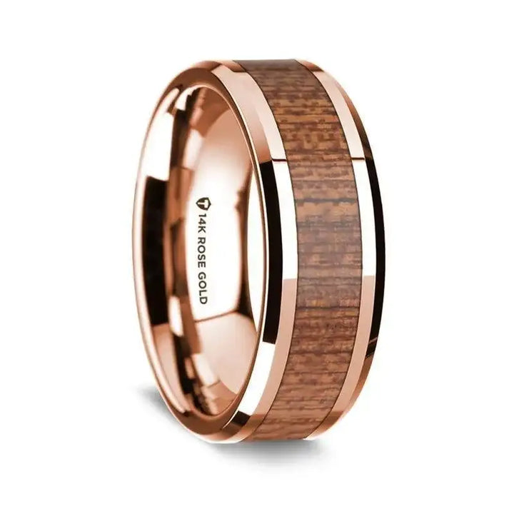 14K Rose Gold Polished Beveled Edges Wedding Ring with Sapele Inlay - 8 mm - Larson Jewelers