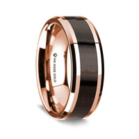 14K Rose Gold Polished Beveled Edges Wedding Ring with Ebony Wood Inlay - 8 mm - Larson Jewelers