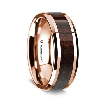 14K Rose Gold Polished Beveled Edges Wedding Ring with Bubinga Wood Inlay - 8 mm - Larson Jewelers