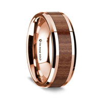 14K Rose Gold Polished Beveled Edges Wedding Ring with Rosewood Inlay - 8 mm - Larson Jewelers