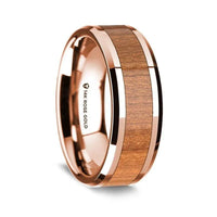 14K Rose Gold Polished Beveled Edges Wedding Ring with Cherry Wood Inlay - 8 mm - Larson Jewelers