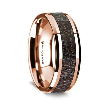 14K Rose Gold Polished Beveled Edges Wedding Ring with Dark Deer Antler Inlay - 8 mm - Larson Jewelers