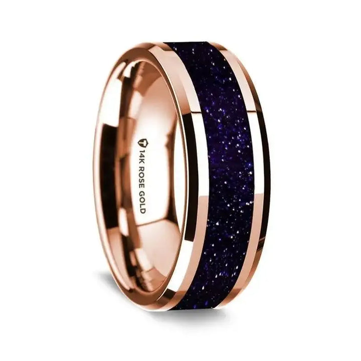14K Rose Gold Polished Beveled Edges Wedding Ring with Purple Goldstone Inlay - 8 mm - Larson Jewelers