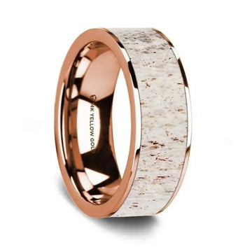 Flat Polished 14K Rose Gold Wedding Ring with White Deer Antler Inlay - 8 mm - Larson Jewelers