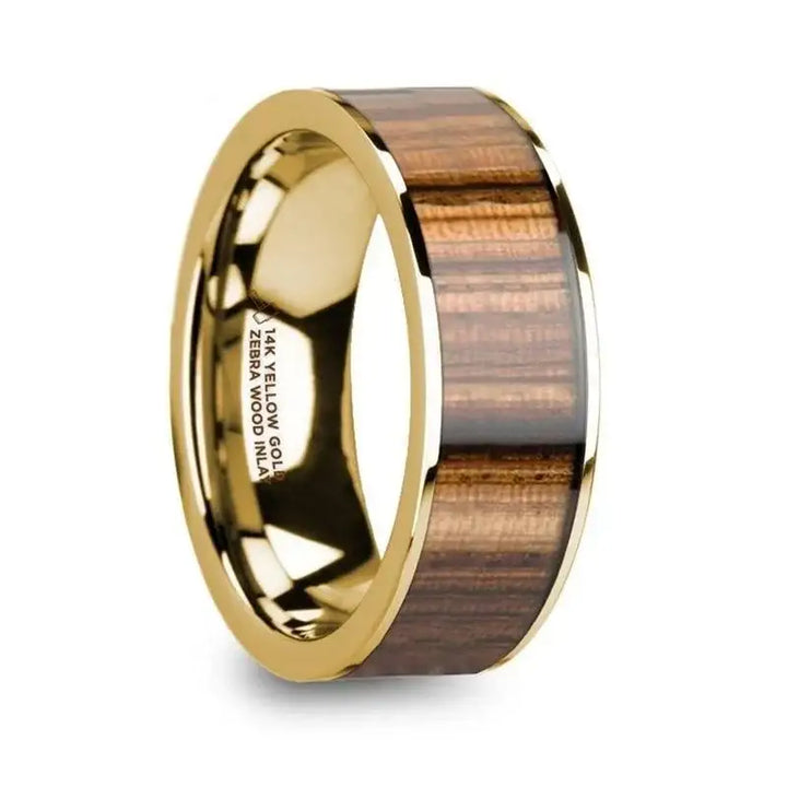 AEGIS 14K Yellow Gold Polished Wedding Band with Zebra Wood Inlay - 8mm - Larson Jewelers