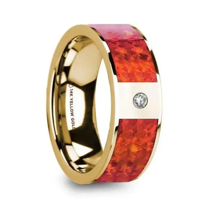 AGOTA Flat Polished 14K Yellow Gold with Red Opal Inlay & Diamond Setting - 8mm - Larson Jewelers