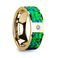 ALEXIS Flat Polished 14K Yellow Gold with Emerald Green and Sapphire Blue Opal Inlay & Diamond Setting - 8mm - Larson Jewelers