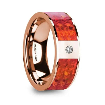 GIANNES Red Opal Inlaid Polished 14k Rose Gold Men’s Wedding Ring with Diamond Accent - 8mm - Larson Jewelers