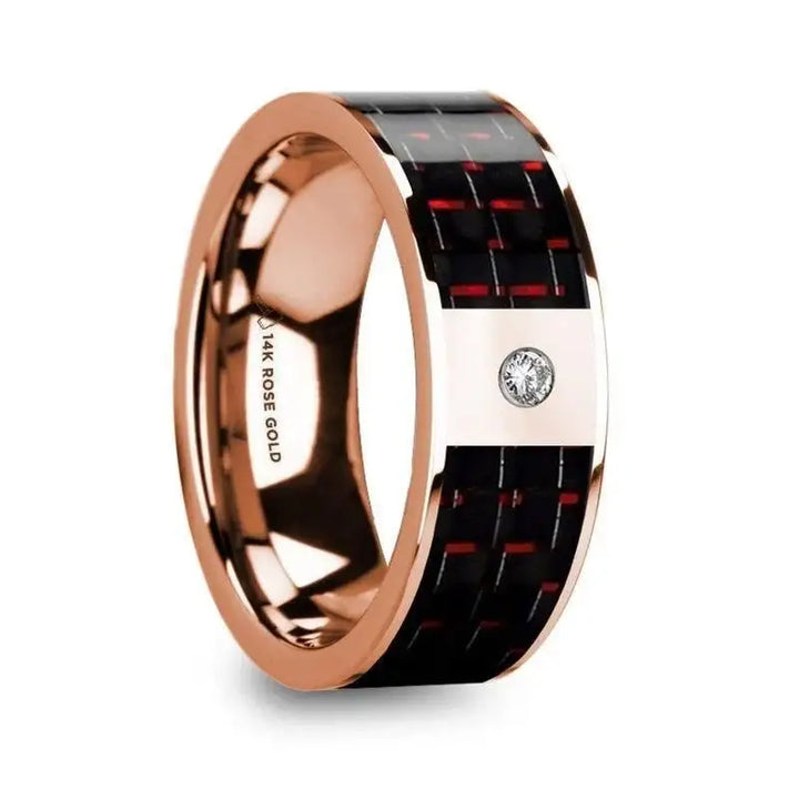 KLEMENIS Men’s 14k Rose Gold Flat Wedding Ring with Red & Black Carbon Fiber Inlay & Diamond - 8mm - Larson Jewelers