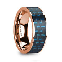 LUCIAN Polished 14k Rose Gold & Black/Blue Carbon Fiber Inlaid Flat Wedding Ring - 8mm - Larson Jewelers