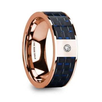 MIKHAIL Diamond Center 14k Rose Gold Men’s Wedding Ring with Blue & Black Carbon Fiber Inlay - 8mm - Larson Jewelers