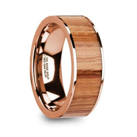 MILOS Polished Flat 14k Rose Gold Men’s Wedding Ring with Red Oak Wood Inlay - 8mm - Larson Jewelers