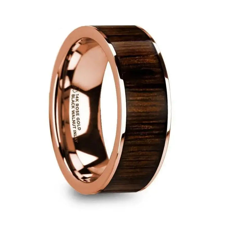 MITSOS Polished 14k Rose Gold Men’s Ring with Black Walnut Wood Inlay - 8mm - Larson Jewelers