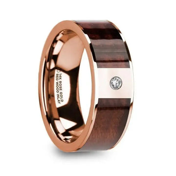 PETROS Red Wood Inlaid Polished 14k Rose Gold Men’s Wedding Ring with Diamond Center - 8mm - Larson Jewelers