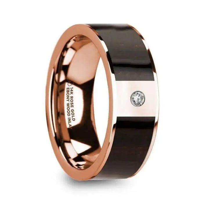 ROMANOS Men’s Polished 14k Rose Gold & Ebony Wood Inlaid Wedding Ring with Diamond Center - 8mm - Larson Jewelers