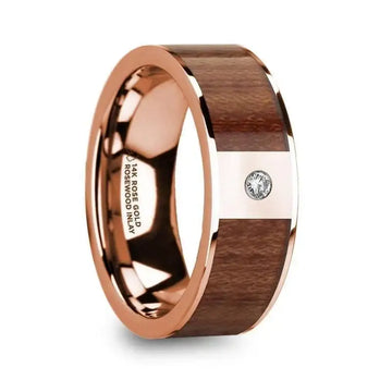 THANASIS Polished 14k Rose Gold Men’s Wedding Ring with Rosewood Inlay & Diamond Center - 8mm - Larson Jewelers
