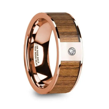 VASILIS Men’s Polished 14k Rose Gold & Teak Wood Inlaid Wedding Band with Diamond - 8mm - Larson Jewelers