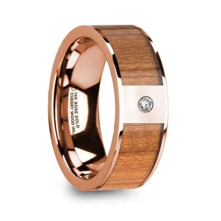 ZENON Men’s Polished 14k Rose Gold Wedding Band with Cherry Wood Inlay & Diamond Center - 8mm - Larson Jewelers