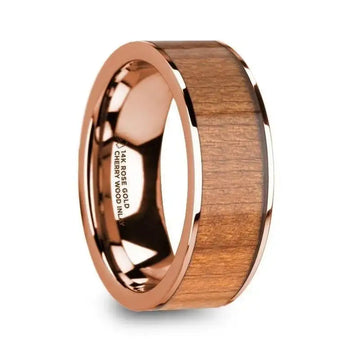 ZACHEUS Polished 14k Rose Gold & Cherry Wood Inlay Men’s Flat Wedding Ring - 8mm - Larson Jewelers
