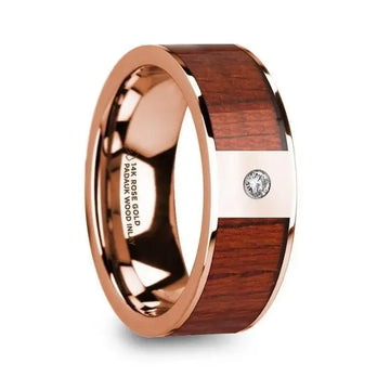 NIKANDROS Men’s 14k Rose Gold Polished Wedding Ring with Padauk Wood Inlay & Diamond - 8mm - Larson Jewelers