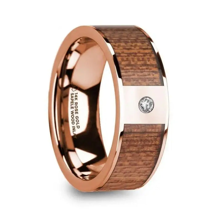 NIKEPHOROS Sapele Wood Inlaid Polished 14k Rose Gold Men’s Wedding Ring with Diamond Center - 8mm - Larson Jewelers