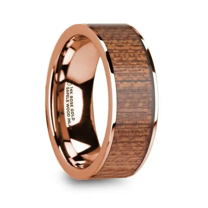 NIKETAS Men’s 14k Rose Gold Wedding Band with Sapele Wood Inlay & Polished Finish - 8mm - Larson Jewelers
