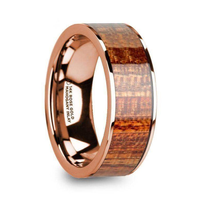 OLYMPIAS 14k Rose Gold & Mahogany Wood Inlaid Men’s Wedding Band with Polished Finish - 8mm - Larson Jewelers