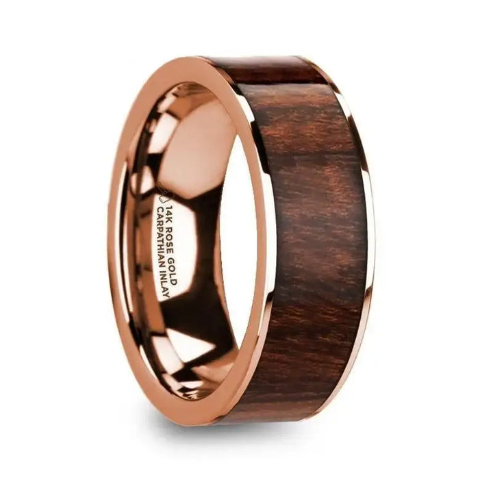 OLYMPOS Polished 14k Rose Gold Men’s Wedding Ring with Carpathian Wood Inlay - 8mm - Larson Jewelers