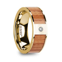 ONESIMOS Men’s Polished 14k Yellow Gold & Red Oak Wood Inlaid Wedding Ring with Diamond - 8mm - Larson Jewelers