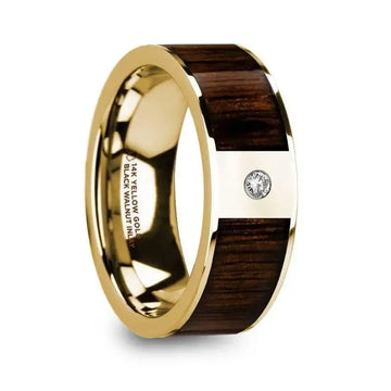 PANTHERAS Polished 14k Yellow Gold Men’s Wedding Band with Black Walnut Inlay & Diamond - 8mm - Larson Jewelers