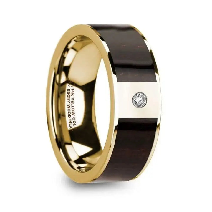 SERGIOS Men’s 14k Yellow Gold with Ebony Wood Inlay Flat Wedding Ring with Diamond Center - 8mm - Larson Jewelers