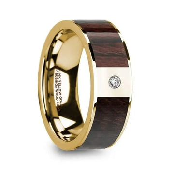 TARAS Bubinga Wood Inlaid 14k Yellow Gold Men’s Ring with Diamond Center & Polished Finish - 8mm - Larson Jewelers