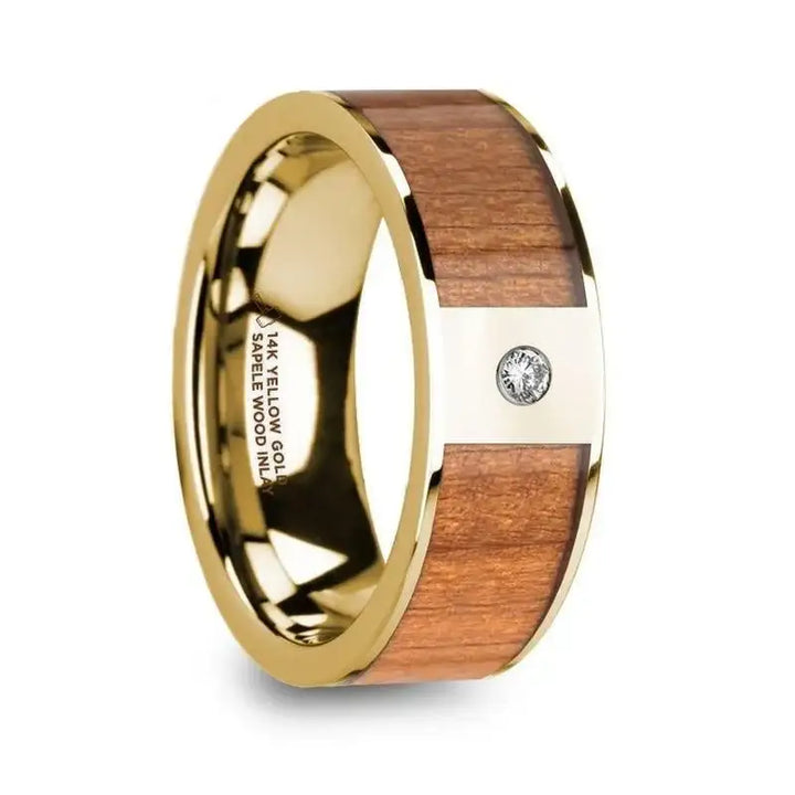SPYROS Men’s Sapele Wood Inlaid 14k Yellow Gold Polished Wedding Ring with Diamond Center - 8mm - Larson Jewelers