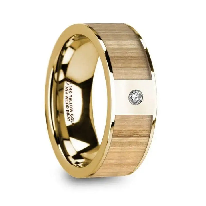 METIS Men’s Polished 14k Yellow Gold Wedding Band with Ash Wood Inlay & Diamond - 8mm - Larson Jewelers
