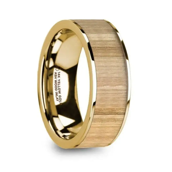 TOBIAS Polished 14k Yellow Gold Men’s Flat Wedding Band with Ash Wood Inlay - 8mm - Larson Jewelers